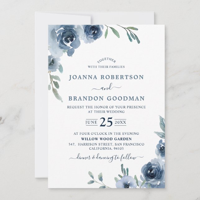 Invitación Dusty Blue Slate Floral Boda de Moda Botánica (Anverso)