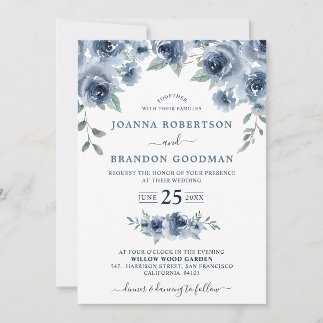 Invitación Dusty Blue Slate Floral Boda de Moda Botánica (Anverso)