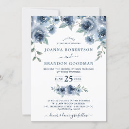 Invitación Dusty Blue Slate Floral Boda de Moda Botánica