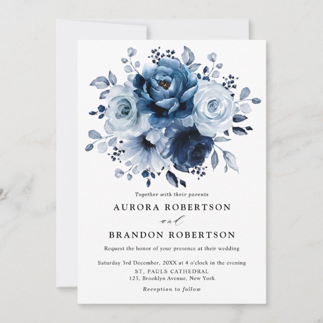 Invitación Dusty Blue Slate Navy Boda Botánico Floral (Anverso)