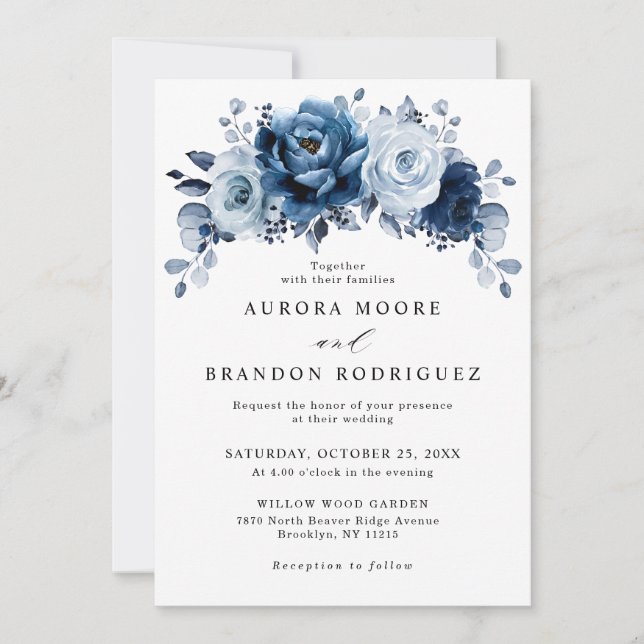 Invitación Dusty Blue Slate Navy Boda Botánico Floral (Anverso)