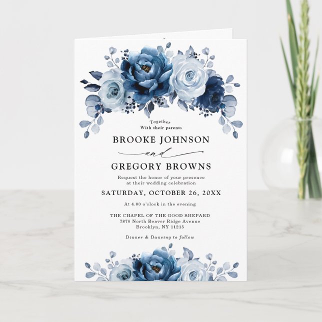 Invitación Dusty Blue Slate Navy Boda Botánico Floral (Anverso)