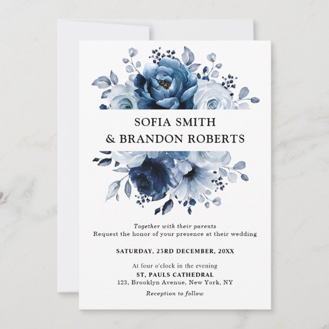 Invitación Dusty Blue Slate Navy Boda Botánico Floral (Anverso)