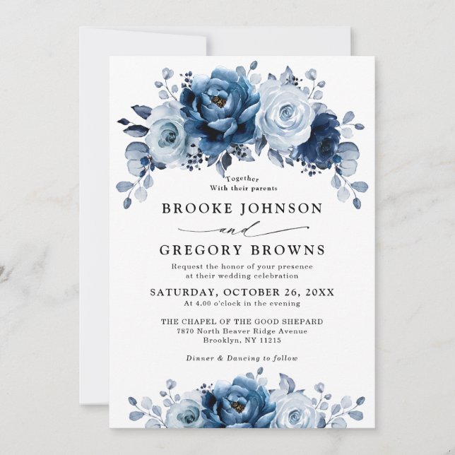 Invitación Dusty Blue Slate Navy Boda Botánico Floral (Anverso)