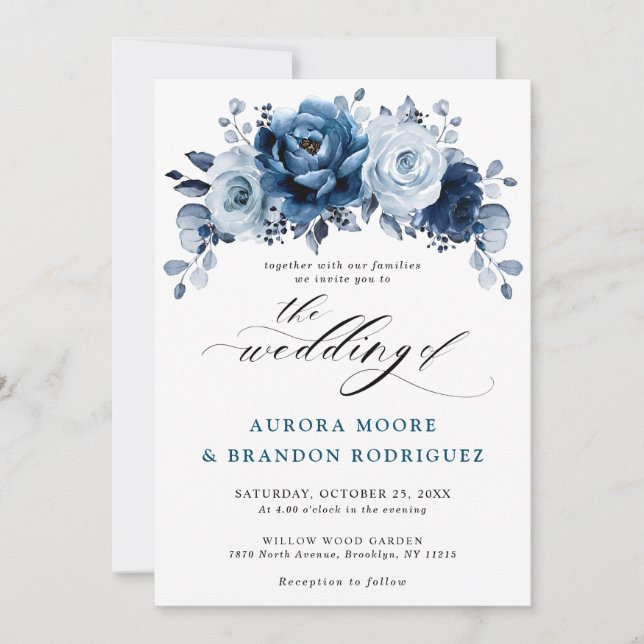 Invitación Dusty Blue Slate Navy Boda Botánico Floral (Anverso)