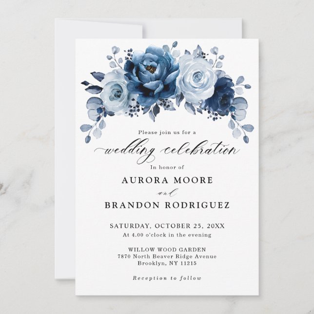 Invitación Dusty Blue Slate Navy Boda Botánico Floral (Anverso)