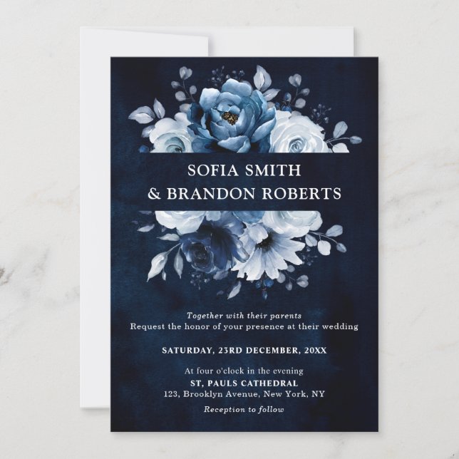 Invitación Dusty Blue Slate Navy Boda Botánico Floral Inv (Anverso)
