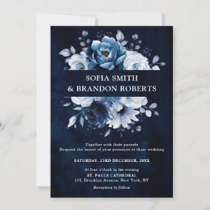 Invitación Dusty Blue Slate Navy Boda Botánico Floral Inv