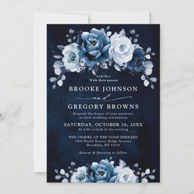 Invitación Dusty Blue Slate Navy Boda Botánico Floral Inv (Anverso)
