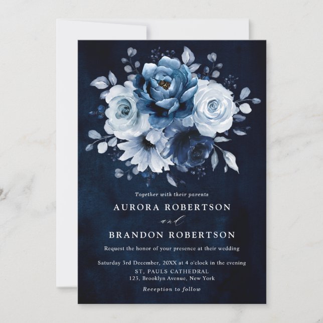 Invitación Dusty Blue Slate Navy Boda Botánico Floral Inv (Anverso)
