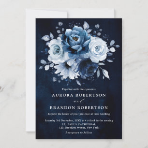 Invitación Dusty Blue Slate Navy Boda Botánico Floral Inv