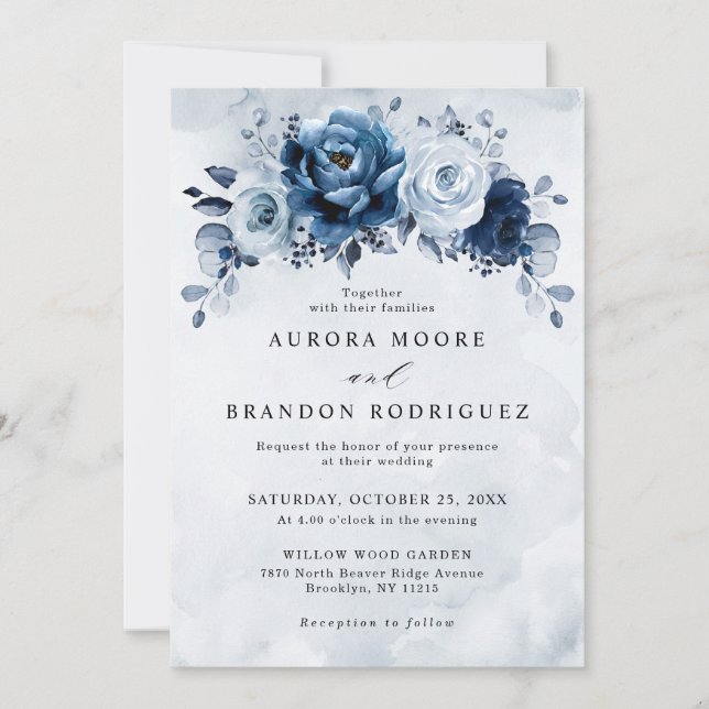 Invitación Dusty Blue Slate Navy Boda Botánico Floral Inv (Anverso)