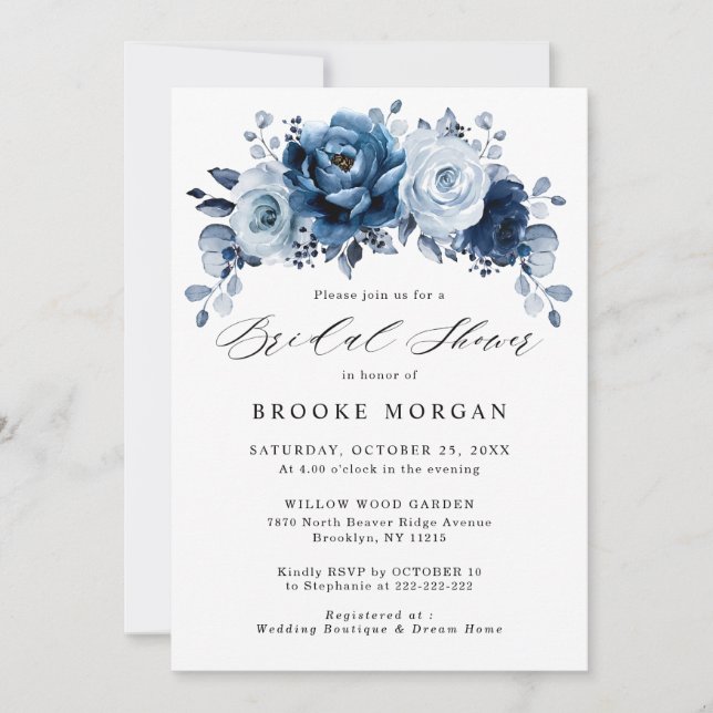 Invitación Dusty Blue Slate Navy Botanal Bridal Shower (Anverso)