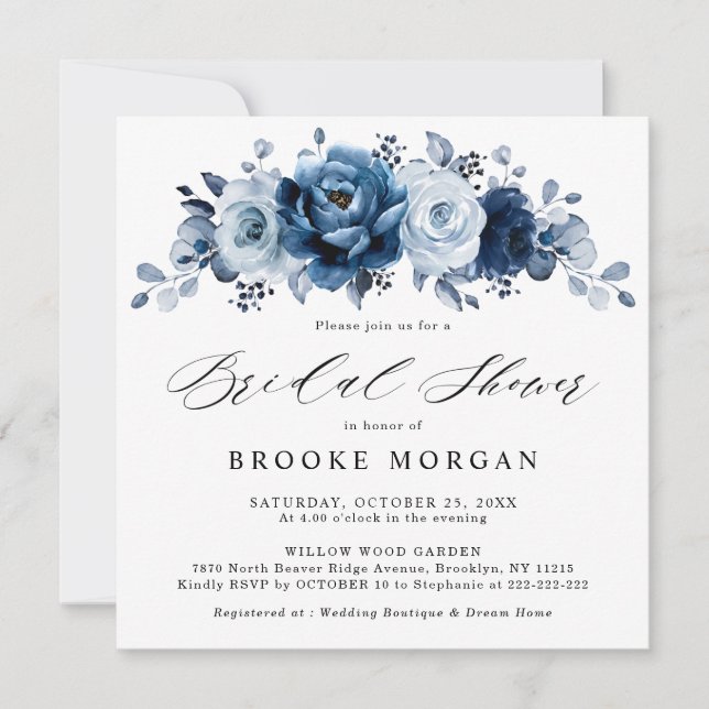 Invitación Dusty Blue Slate Navy Botanal Bridal Shower (Anverso)