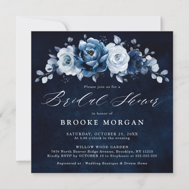 Invitación Dusty Blue Slate Navy Botanal Bridal Shower Inv (Anverso)