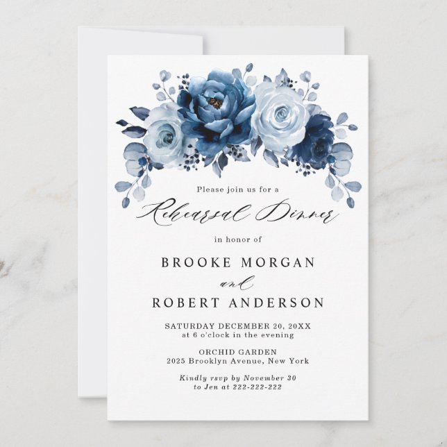 Invitación Dusty Blue Slate Navy Ensayo Botánico Cena (Anverso)