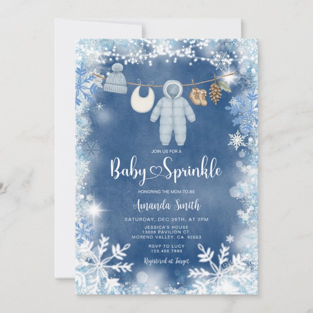 Invitación Dusty Blue Snowflake Boy Clothesline Baby Sprinkle (Anverso)