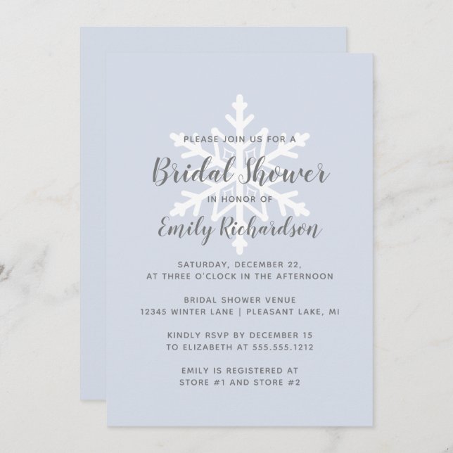 Invitación Dusty Blue Snowflake Winter Bridal Shower (Anverso / Reverso)