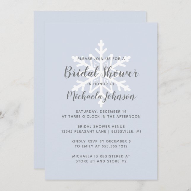 Invitación Dusty Blue Snowflake Winter Bridal Shower (Anverso / Reverso)