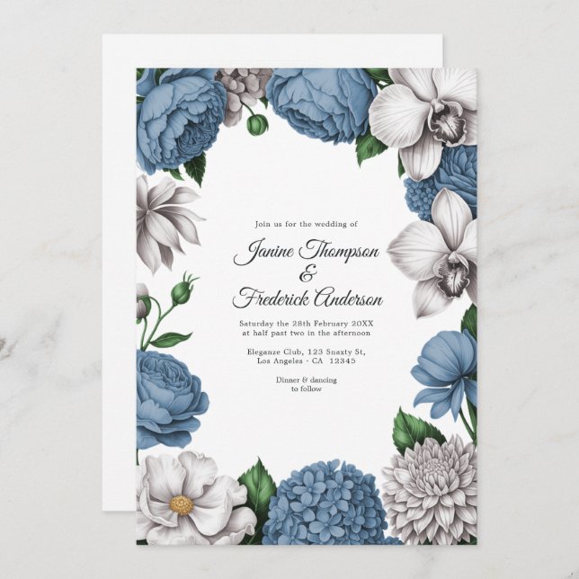 Invitación Dusty Blue & Soft Grey Watercolor Floral Wedding (Anverso / Reverso)