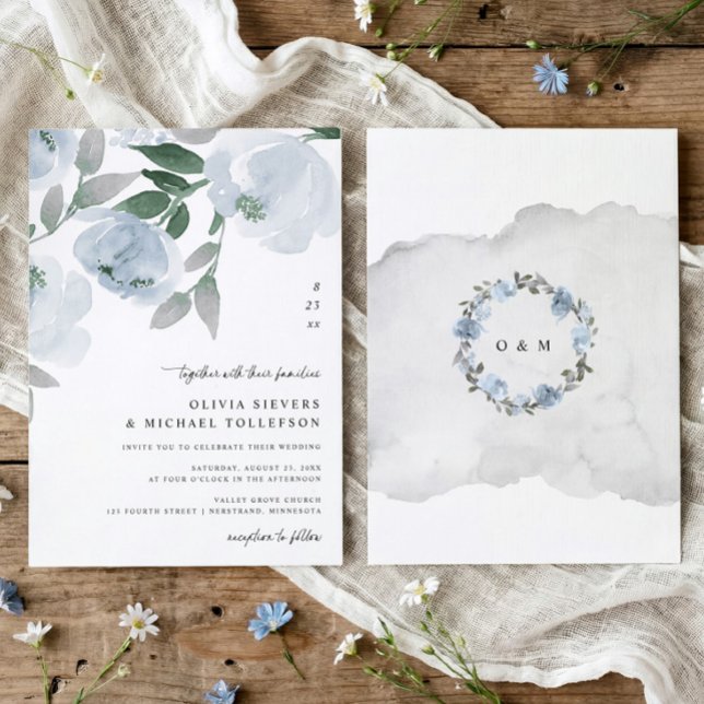 Invitación Dusty Blue Soft Watercolor Floral Wedding (Dusty blue watercolor floral wedding invitation with soft blue and gray flowers and elegant script)