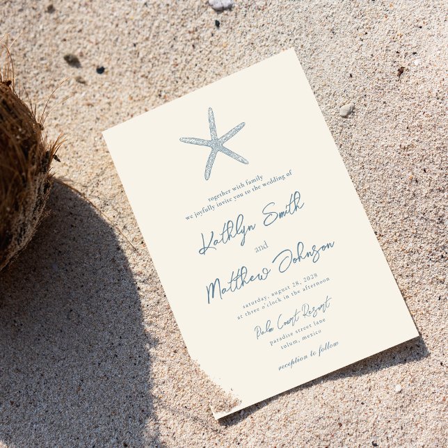 Invitación Dusty Blue Starfish Beach Destination Wedding (Subido por el creador)