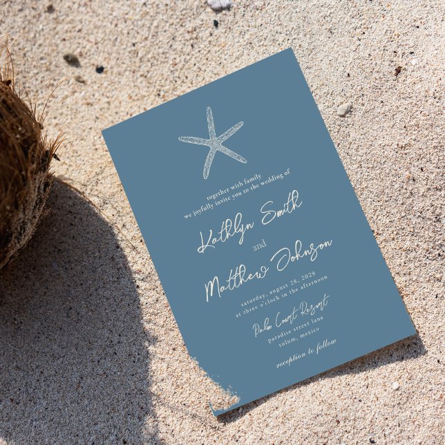 Invitación Dusty Blue Starfish Beach Destination Wedding (Subido por el creador)