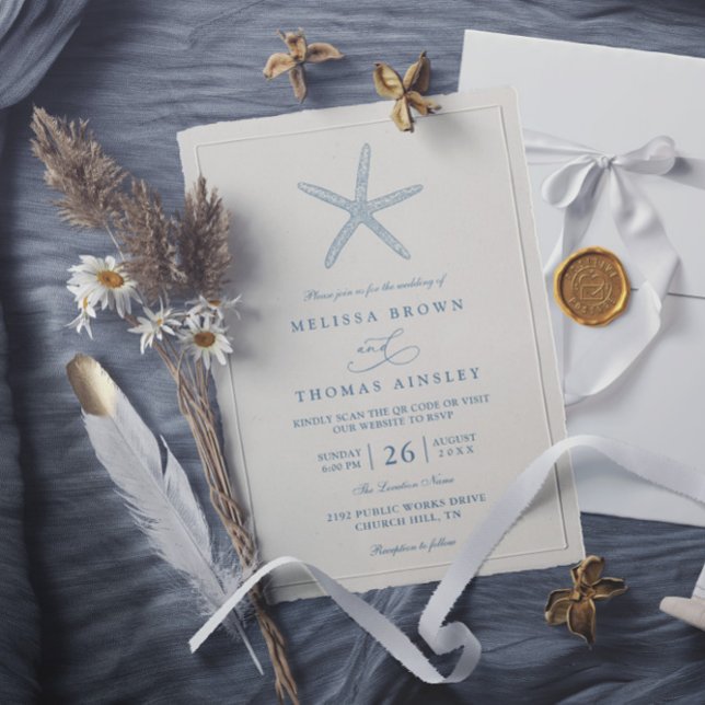 Invitación Dusty Blue Starfish Beach Elegant QR Code Wedding (Subido por el creador)