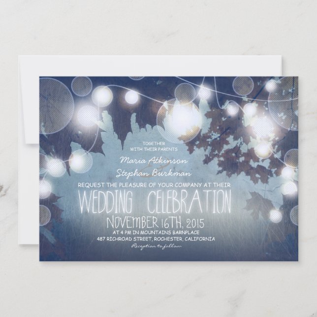Invitación Dusty Blue String de Luces Boda Noche (Anverso)