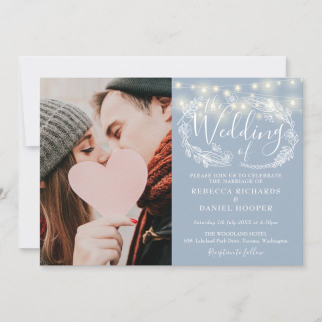 Invitación Dusty Blue String ilumina a Boda de fotos florales (Anverso)