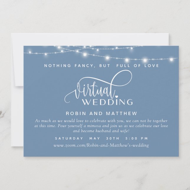 Invitación Dusty Blue, String Lights, Boda virtual en línea (Anverso)