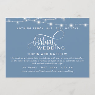 Invitación Dusty Blue, String Lights, Boda virtual en línea