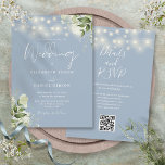 Invitación Dusty Blue String Lights Floral QR Code Boda<br><div class="desc">Esta elegante invitación a la boda azul polvorienta,  con luces de cuerda de bonito y vegetación floral,  puede ser personalizada con su información en la tipografía de moda con los detalles de su sitio web boda y su código QR al revés. Diseñado por Thisisnotme©</div>