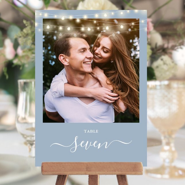 Invitación Dusty Blue String Lights Photo Table Number (Dusty Blue String Lights Photo Table Number)