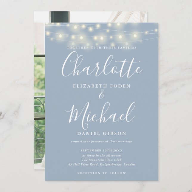 Invitación Dusty Blue String Lights Script Photo Boda (Anverso / Reverso)