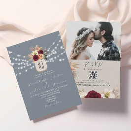 Invitación Dusty Blue String Luces Floral Boda QR Código