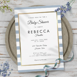 Invitación Dusty Blue Stripe Gold Baby Shower