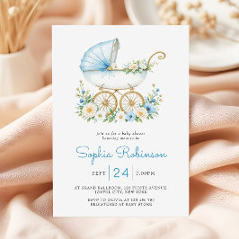 Invitación Dusty Blue Stroller Floral Baby Shower