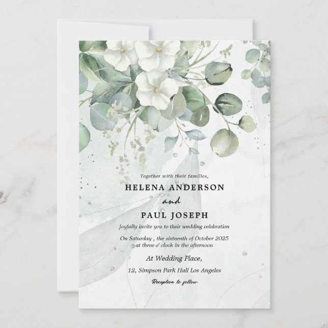 Invitación Dusty Blue succulent eucalipto boda de vegetación (Anverso)