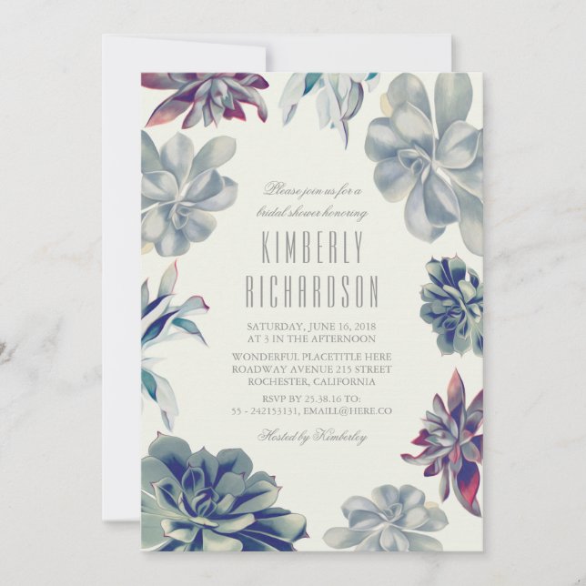 Invitación Dusty Blue Succulum Greenery Bridal Shower (Anverso)