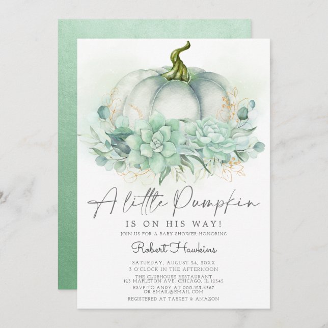 Invitación Dusty Blue Succulum Pumpkin Fall Baby Shower (Anverso / Reverso)