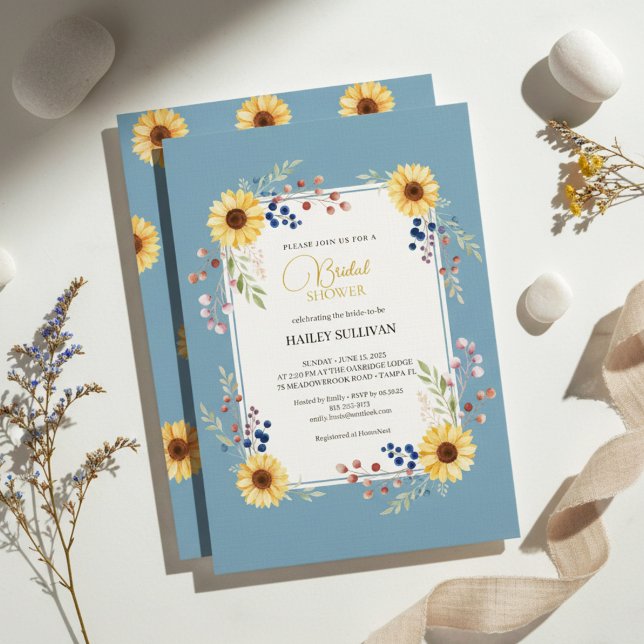 Invitación Dusty Blue Sunflower Bridal Shower Gold Frame (elegant bridal shower invitation)