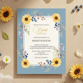 Invitación Dusty Blue Sunflower Bridal Shower Gold Frame