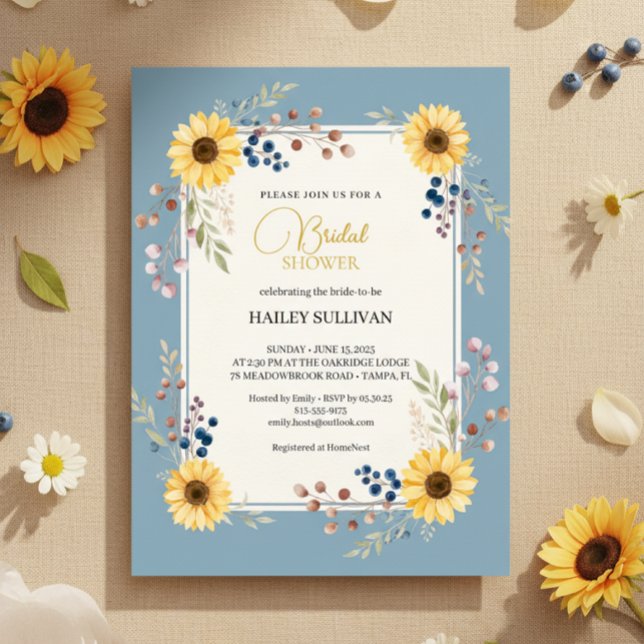 Invitación Dusty Blue Sunflower Bridal Shower Gold Frame (Dusty Blue Sunflower Frame)