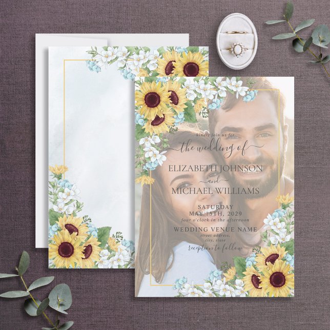Invitación Dusty Blue Sunflower Vellum Overlay Boda de fotogr (Subido por el creador)