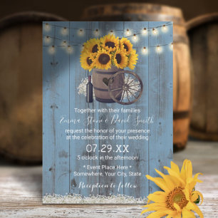 Invitación Dusty Blue Sunflower Wood Barrel Rústico Boda