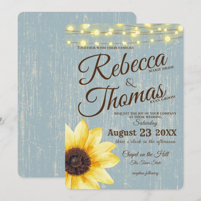 Invitación Dusty Blue Sunflower y ilumina a un Boda ruso (Anverso / Reverso)