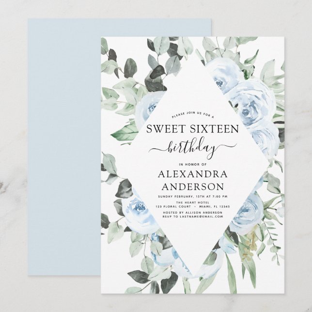 Invitación Dusty Blue Sweet Dieciséis cumpleaños (Anverso / Reverso)