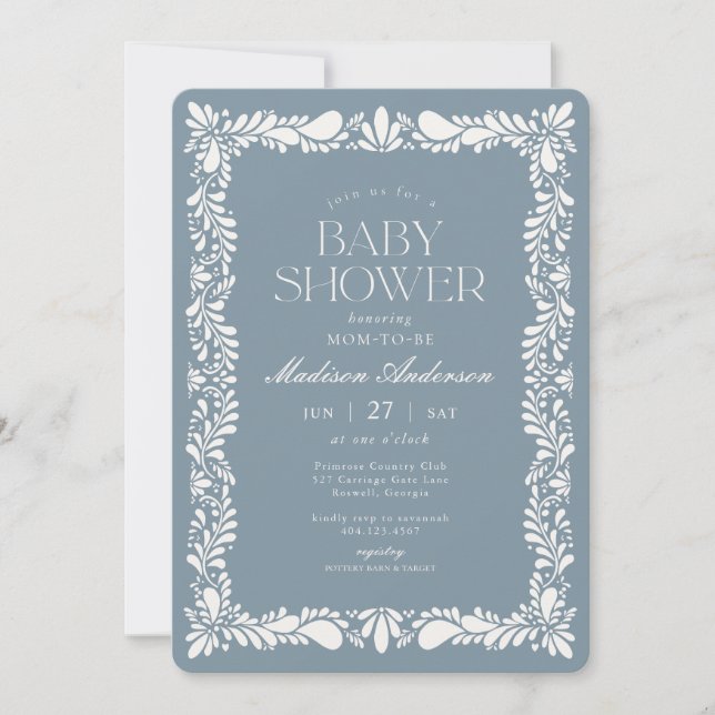 Invitación Dusty Blue Talavera Tile Fiesta Boy Baby Shower (Anverso)