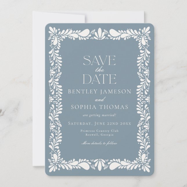 Invitación Dusty Blue Talavera Tile Fiesta Guardar la fecha (Anverso)